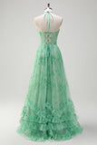 Verde A-Line Halter Floral Corset Ruffles Long Prom Dress com Fenda