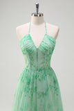 Verde A-Line Halter Floral Corset Ruffles Long Prom Dress com Fenda