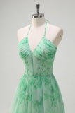 Verde A-Line Halter Floral Corset Ruffles Long Prom Dress com Fenda