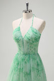 Verde A-Line Halter Floral Corset Ruffles Long Prom Dress com Fenda