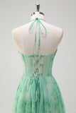 Verde A-Line Halter Floral Corset Ruffles Long Prom Dress com Fenda