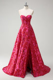 Fuchsia Floral Jacquard Querida Princesa Long Corset Prom Dress com Fenda