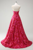 Fuchsia Floral Jacquard Querida Princesa Long Corset Prom Dress com Fenda