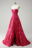 Fuchsia Floral Jacquard Querida Princesa Long Corset Prom Dress com Fenda