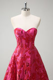 Fuchsia Floral Jacquard Querida Princesa Long Corset Prom Dress com Fenda