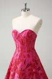 Fuchsia Floral Jacquard Querida Princesa Long Corset Prom Dress com Fenda