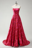 Fuchsia Floral Strapless A-Line Vestido Longo Baile de Formatura