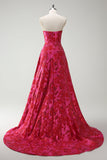 Fuchsia Floral Strapless A-Line Vestido Longo Baile de Formatura