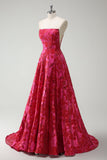 Fuchsia Floral Strapless A-Line Vestido Longo Baile de Formatura