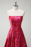 Fuchsia Floral Strapless A-Line Vestido Longo Baile de Formatura