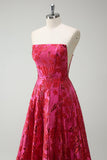 Fuchsia Floral Strapless A-Line Vestido Longo Baile de Formatura