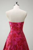 Fuchsia Floral Strapless A-Line Vestido Longo Baile de Formatura