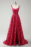 Fuchsia A-Line Esparguete Correias Florais Jacquard Vestido Longo de Baile com Fenda