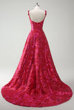 Fuchsia A-Line Esparguete Correias Florais Jacquard Vestido Longo de Baile com Fenda