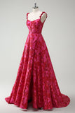 Fuchsia A-Line Esparguete Correias Florais Jacquard Vestido Longo de Baile com Fenda