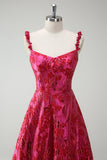 Fuchsia A-Line Esparguete Correias Florais Jacquard Vestido Longo de Baile com Fenda