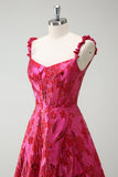 Fuchsia A-Line Esparguete Correias Florais Jacquard Vestido Longo de Baile com Fenda