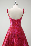 Fuchsia A-Line Esparguete Correias Florais Jacquard Vestido Longo de Baile com Fenda