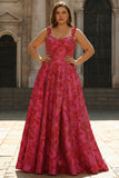 Vestido de baile de finalistas floral fúcsia Jacquard A-Line A-Line com alças finas longas plus size com fenda
