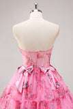 Vestidos Cocktail Floral Fúcsia Curto/Mini Linha-A Alças Finas Arco
