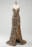 Khaki Leopard Sequins Sereia Esparguete Correias Vestido Espartilho Longo com Fenda