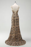 Khaki Leopard Sequins Sereia Esparguete Correias Vestido Espartilho Longo com Fenda