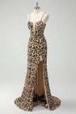 Khaki Leopard Sequins Sereia Esparguete Correias Vestido Espartilho Longo com Fenda