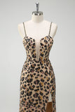 Khaki Leopard Sequins Sereia Esparguete Correias Vestido Espartilho Longo com Fenda