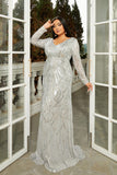 Sparkly Grey A-Line V-Neck Prom Dress com mangas compridas