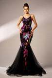 Brilhante Floral Preto Sereia Esparguete Correias Tule Prom Dress