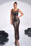 Preto Dourado Estampa Sequins Sereia Pescoço Quadrado Vestido Longo Baile