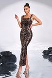 Preto Dourado Estampa Sequins Sereia Pescoço Quadrado Vestido Longo Baile