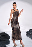 Preto Dourado Estampa Sequins Sereia Pescoço Quadrado Vestido Longo Baile