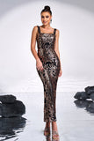 Preto Dourado Estampa Sequins Sereia Pescoço Quadrado Vestido Longo Baile