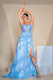 Sparkly Sequins Azul Uma Linha Corset Prom Dress com Fenda