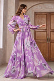 Roxo Floral Impresso Chiffon A-Line V-neck mangas longas vestido de baile longo