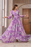 Roxo Floral Impresso Chiffon A-Line V-neck mangas longas vestido de baile longo