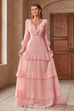 Rosa Chiffon V-neck mangas longas A-Line Tiered Long Prom Dress