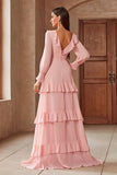 Rosa Chiffon V-neck mangas longas A-Line Tiered Long Prom Dress