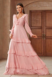 Rosa Chiffon V-neck mangas longas A-Line Tiered Long Prom Dress