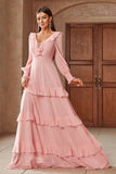 Rosa Chiffon V-neck mangas longas A-Line Tiered Long Prom Dress