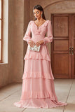 Rosa Chiffon V-neck mangas longas A-Line Tiered Long Prom Dress