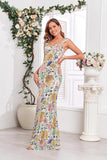 Sereia Dourada Floral V-neck Long Prom Dress