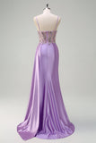 Sereia roxa brilhante Watteau Train Sheer Ruched Corset Long Prom Dress with Slit