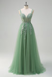 Verde A-Line Espaghetti Correias Tulle Long Prom Dress com Apliques