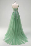 Verde A-Line Espaghetti Correias Tulle Long Prom Dress com Apliques