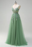 Verde A-Line Espaghetti Correias Tulle Long Prom Dress com Apliques