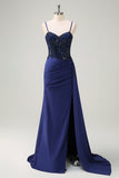 Navy Sereia Esparguete Correias Ruched Streamer Long Prom Dress with Lace