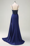 Navy Sereia Esparguete Correias Ruched Streamer Long Prom Dress with Lace