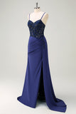 Navy Sereia Esparguete Correias Ruched Streamer Long Prom Dress with Lace